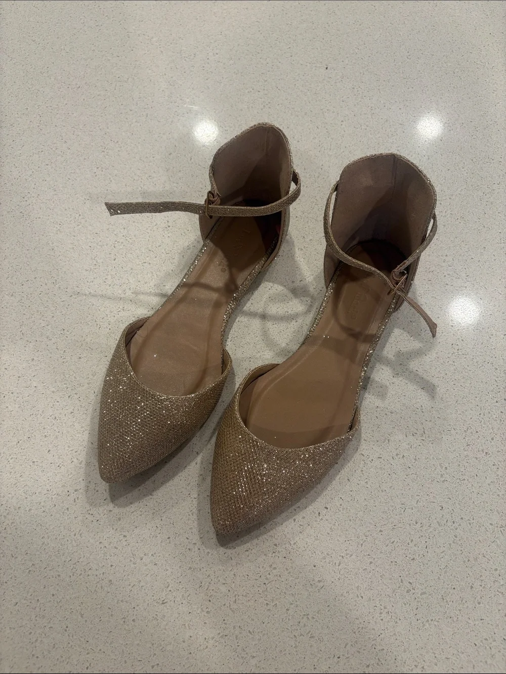 Women's Glitter Pointed-Toe Ankle Strap Flats - Champagne